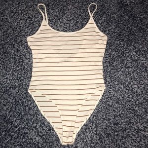White and brown striped ribbed body suit